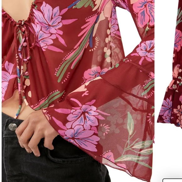 FREE PEOPLE OF PARADISE FLORAL RED PINK CROP TOP SMALL - Picture 7 of 12